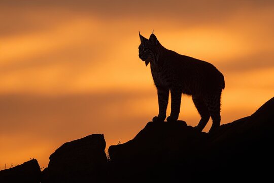 Silhouette of bobcat at sunset
