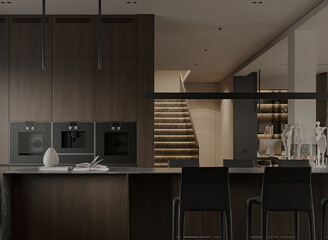 Spacious open-concept interior showing modern living room and integrated home office. Features designer furniture, sculptural accents, and a dramatic stone fireplace wall.