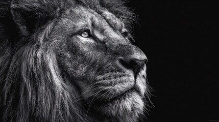 majestic black and white lion portrait with sharp details on dark background symbol of strength and royalty