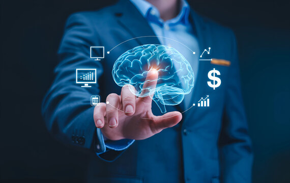 Businessman touching a digital brain, a concept of AI for business intelligence and financial analysis - Powered by Adobe