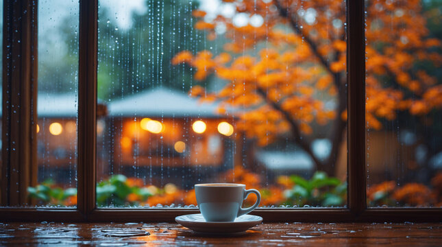 cozy peaceful atmosphere indoors with coffee steam wood table reading corner near window golden red leaves outside rainy weather fall vibe autumn rainy interior design wallpaper background