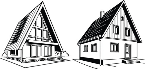 A Frame Cabins Illustration Architectural Renderings in Line Art Style