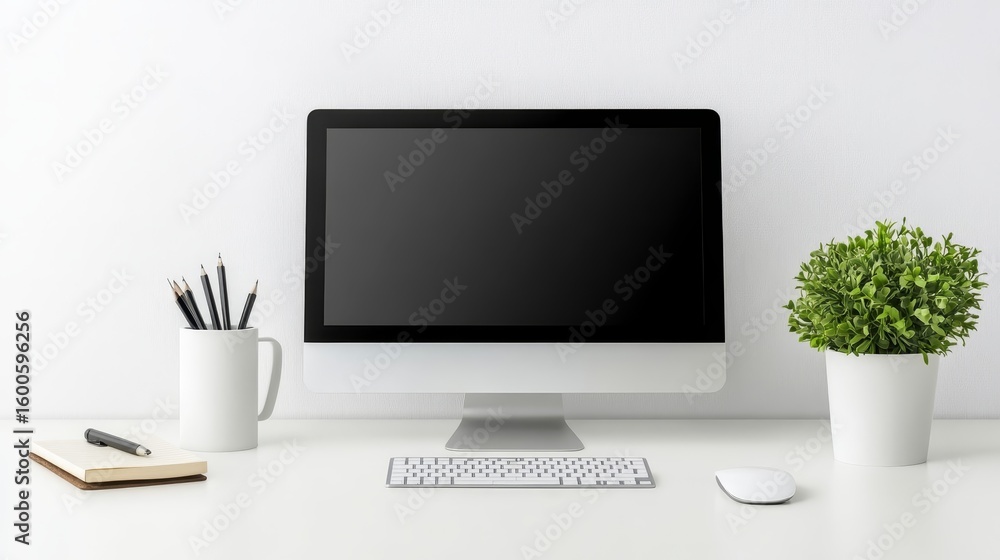 Poster clean white desk setup with computer modern minimalist workspace for productivity and creative inspi