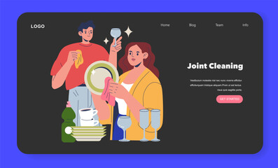 Collaborative Dishwashing Vector Illustration with Smiling Faces