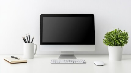 Fototapeta premium Clean white desk setup with computer modern minimalist workspace for productivity and creative inspiration