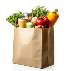 A tall brown paper grocery bag stands upright, overflowing with fresh, vibrant vegetables and fruits, isolated on a clean white background.