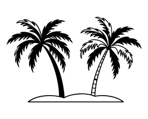 Two palm trees on a sandy island silhouette