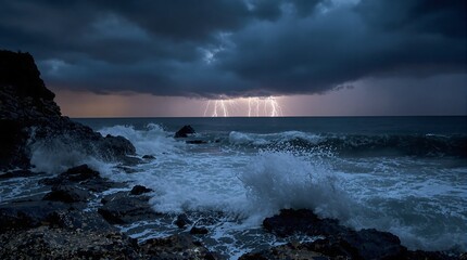 Obraz premium Dramatic Lightning Strikes Over Dark Stormy Ocean at Rocky Coastline with Crashing Waves Under a Foreboding Sky