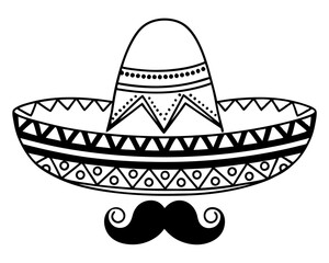 Traditional mexican sombrero and mustache silhouette