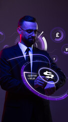 Man in a suit checking optimal value on smartwatch with glowing dollar icon in neon lightning....