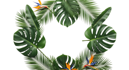 Tropical leaves and vibrant flowers arranged in a circular pattern cutout isolated on transparent bg, png
