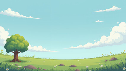 serene landscape with tree and clouds in grassy field