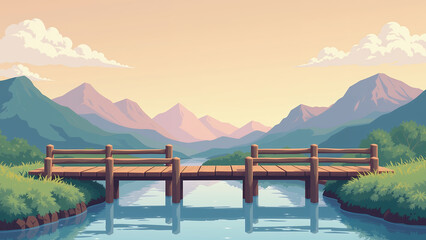 Wooden bridge over tranquil river with mountain view