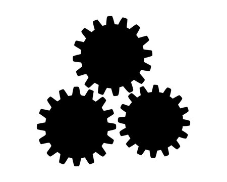 Three interlocking gears in a black silhouette