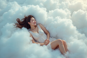 Cloud-like Comfort: Woman in a Dreamy Setting