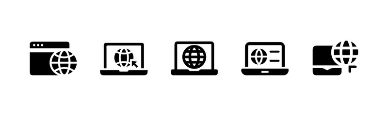 Global Web Access Icons Set for Digital Products Simple, black and white icons depicting various global web access scenarios on different types of digital devices.
