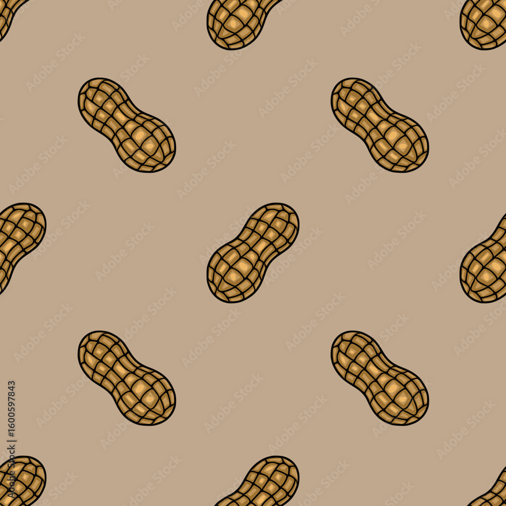 Poster seamless vector pattern of hand-drawn peanuts in shell, showcasing a detailed textured design with g