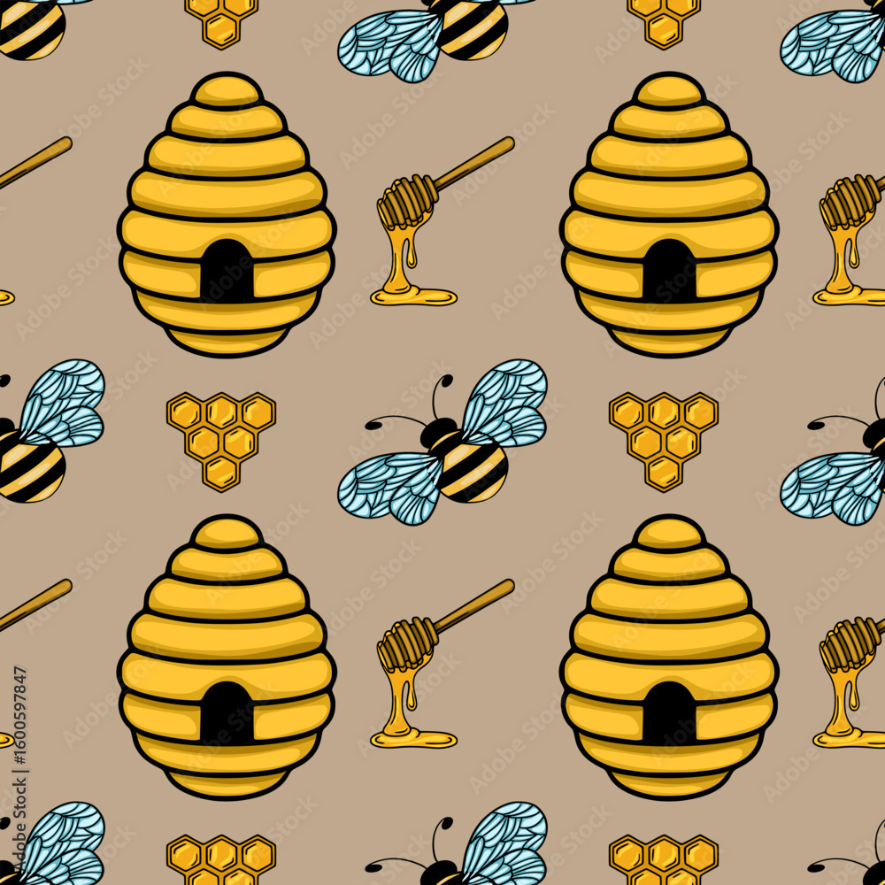 Aufkleber seamless vector pattern featuring hand-drawn illustrations of beehives, honeycombs, bees, and honey 