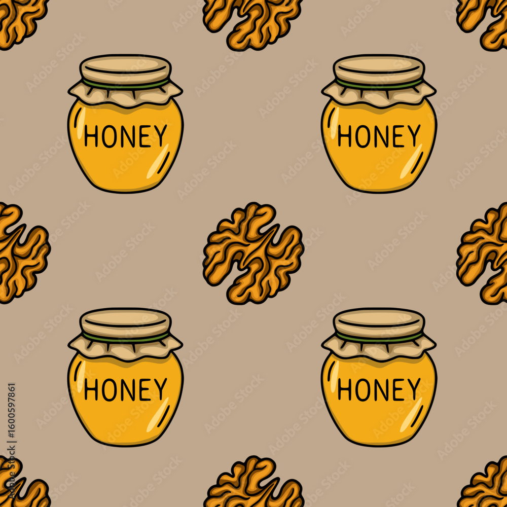 Poster seamless vector pattern of honey jars and walnuts, featuring a hand-drawn style with bold outlines a