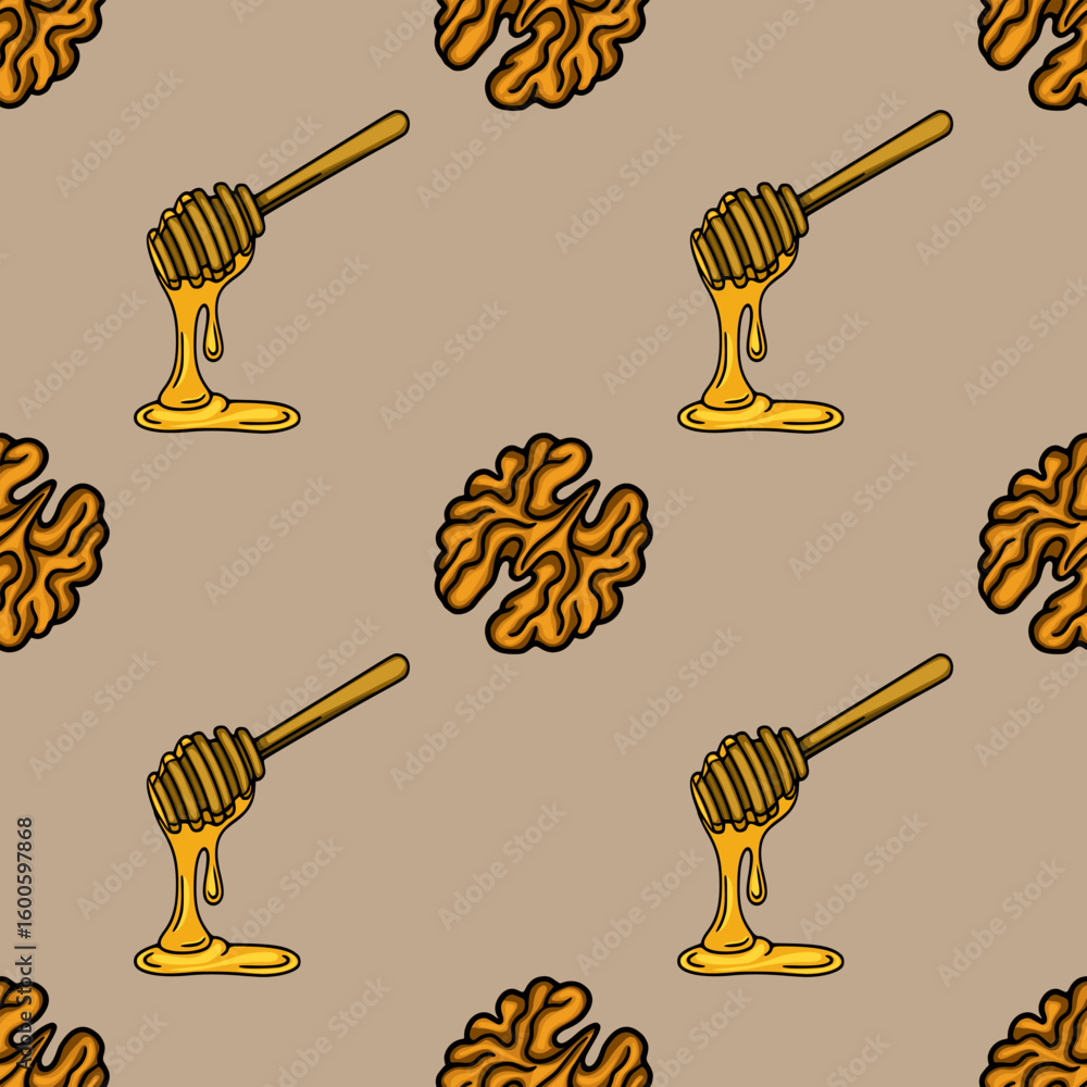 Poster seamless vector pattern featuring honey dipper with dripping honey and walnuts, creating a sweet and