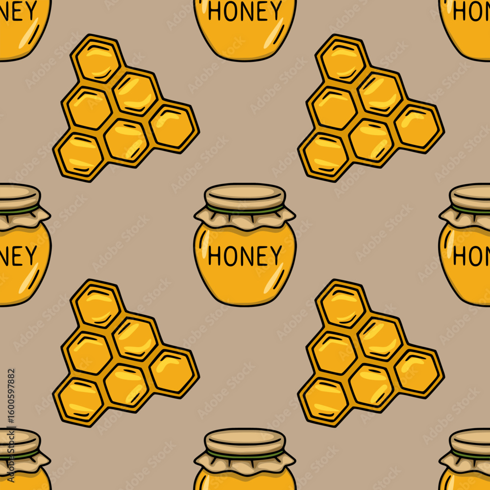 Poster seamless vector pattern featuring hand-drawn illustrations of honeycombs and honey jars, creating a 
