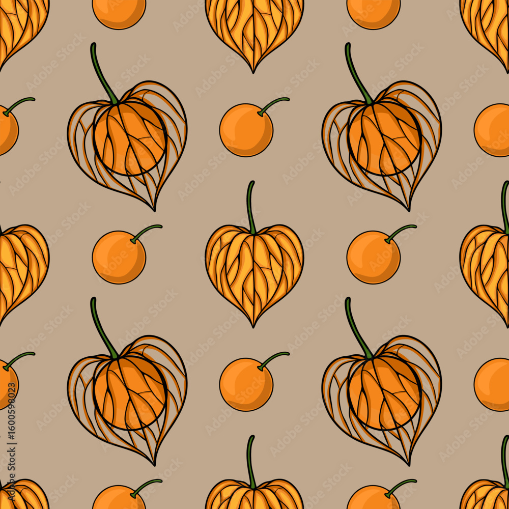 Poster seamless vector pattern of hand-drawn physalis and oranges on a beige background, featuring intricat