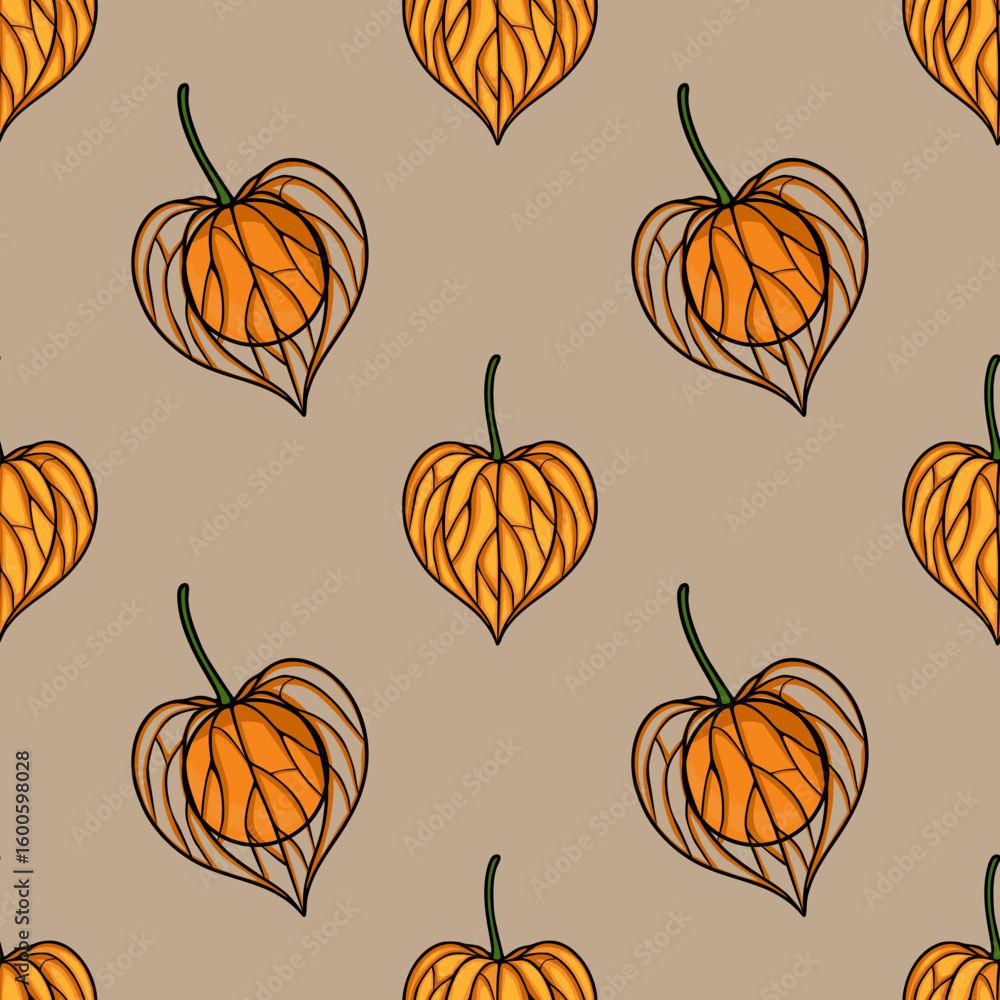 Poster seamless vector pattern with stylized orange physalis fruits in heart-shaped husks on a beige backgr