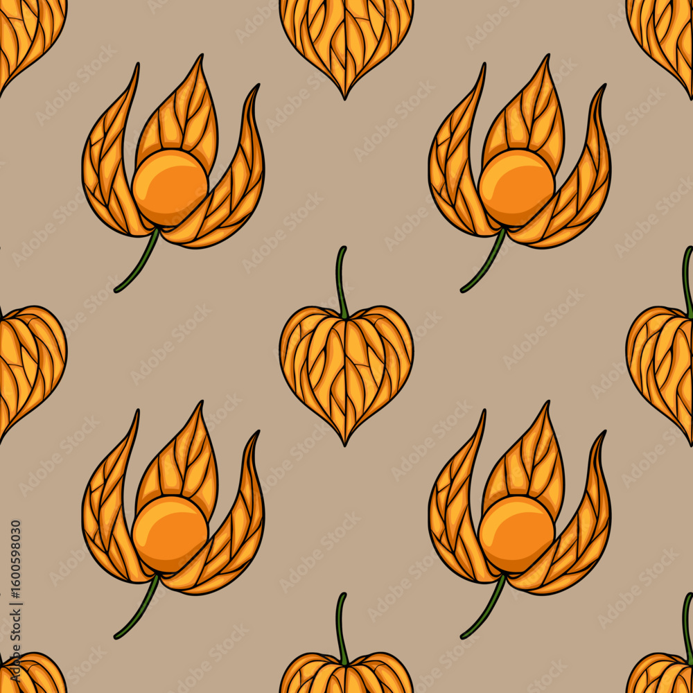 Poster seamless vector pattern with stylized orange physalis fruits in a repeating design on a beige backgr