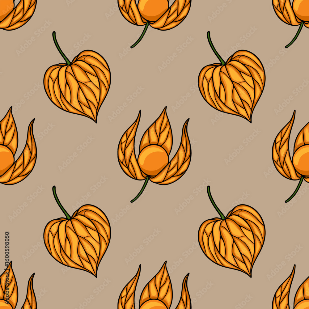 Poster seamless vector pattern with stylized autumnal physalis fruits in orange and beige tones, featuring 
