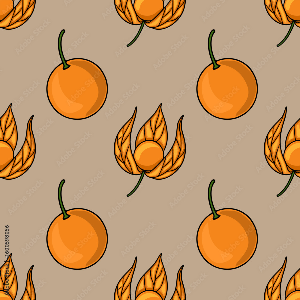 Poster seamless vector pattern with stylized physalis and oranges on a beige background, creating a unique 