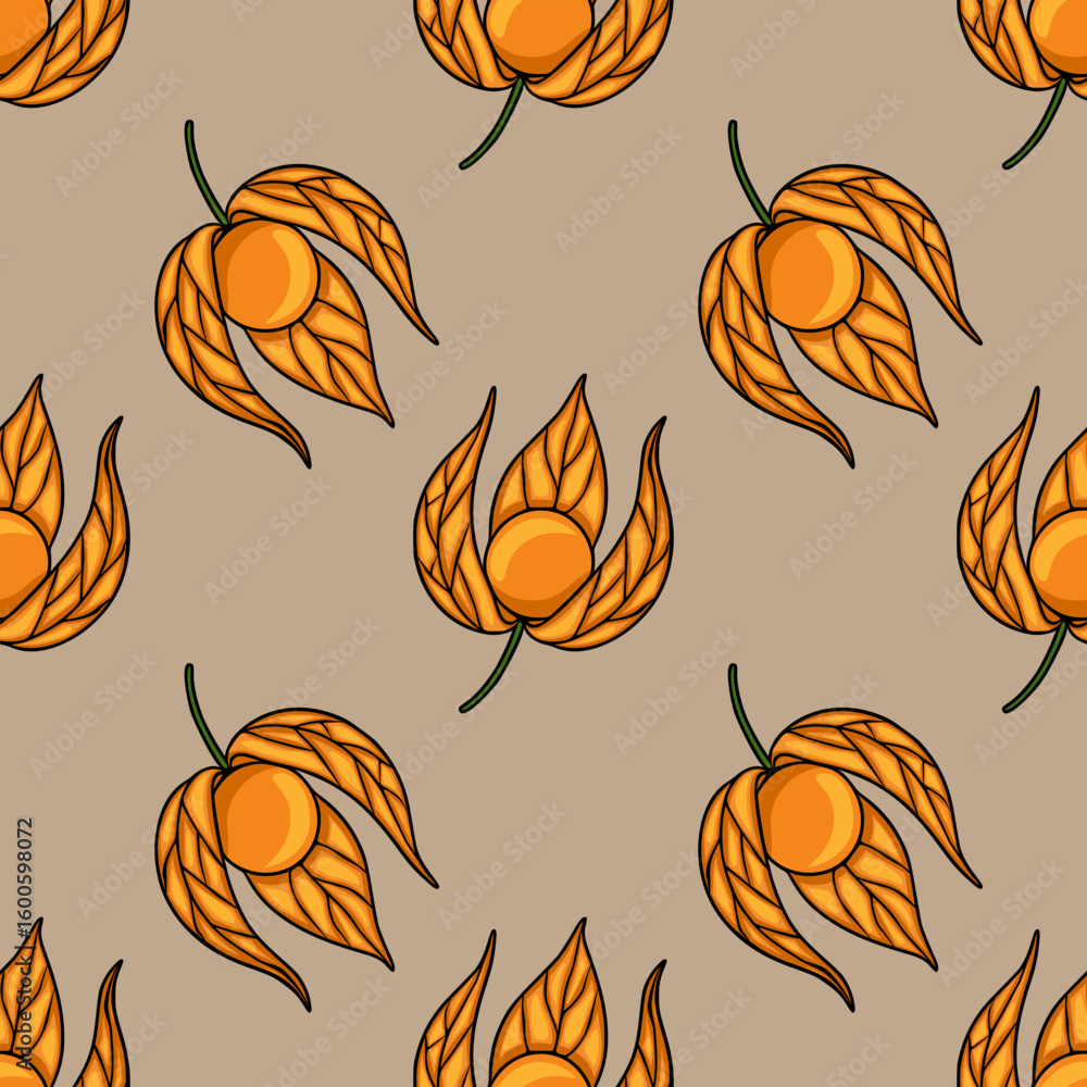Poster seamless vector pattern of stylized physalis fruits in warm orange hues on a muted beige background,