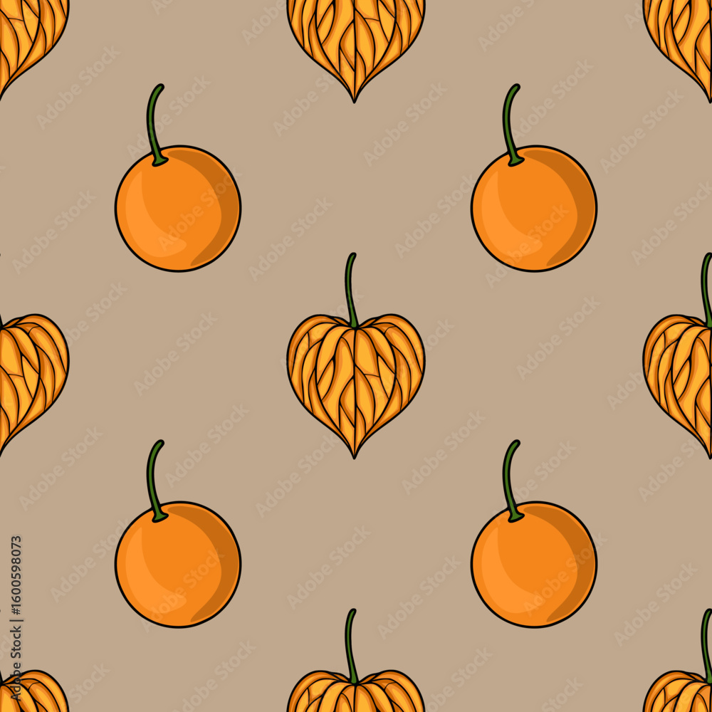 Poster seamless vector pattern with hand-drawn illustrations of heart-shaped physalis and oranges on a beig