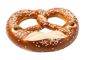 Freshly baked soft pretzel sprinkled with coarse salt cutout isolated on transparent bg, png