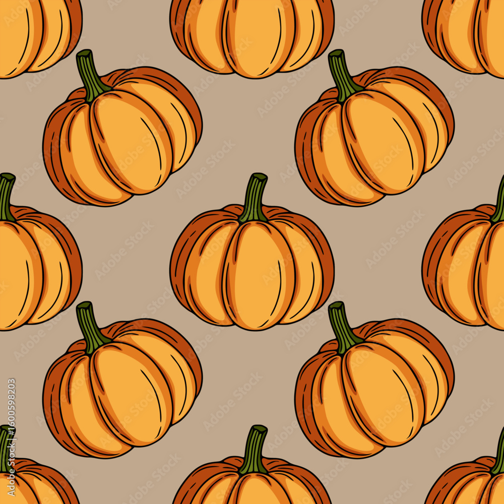 Poster seamless vector pattern of hand-drawn ripe pumpkins with detailed texture on a muted taupe backgroun