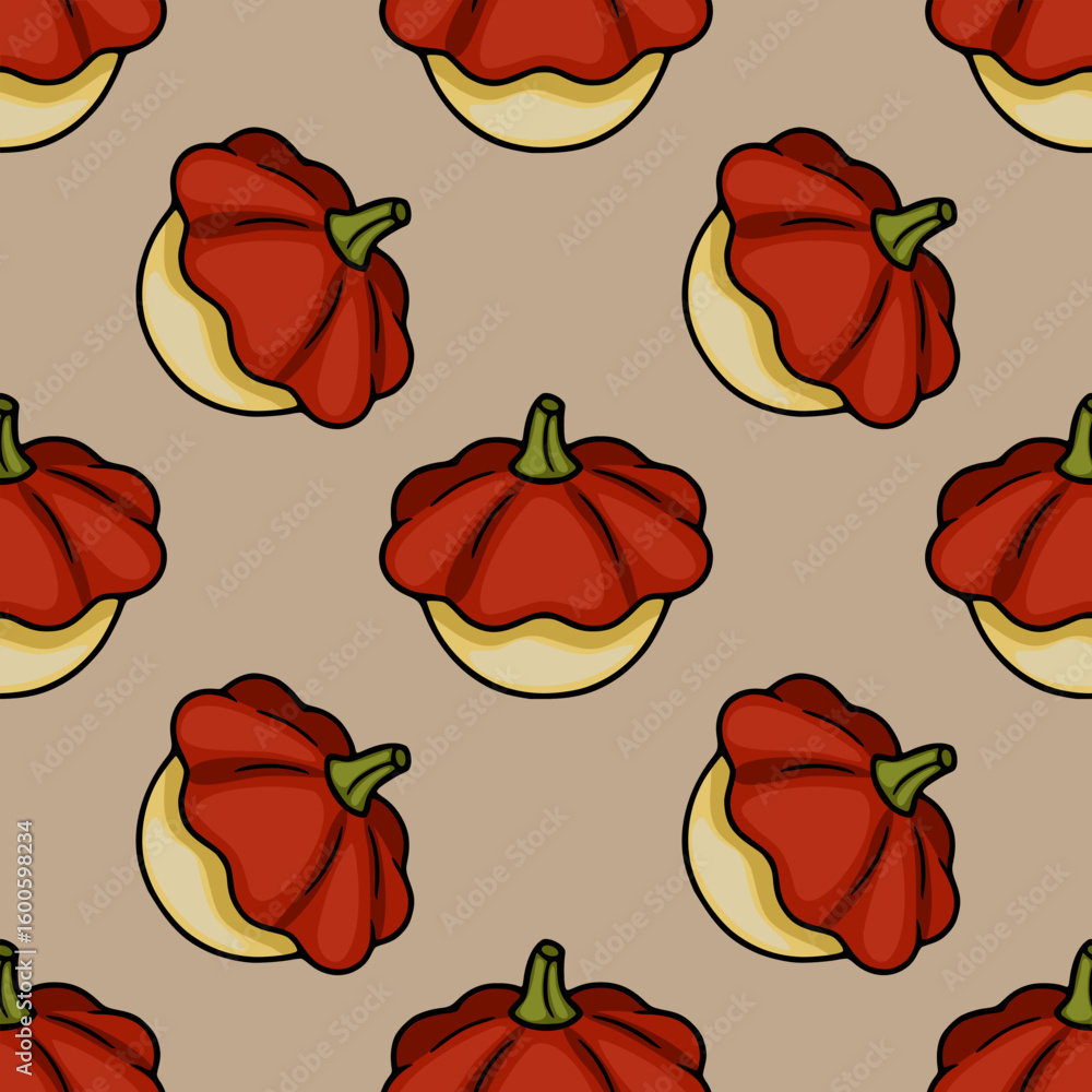 Poster seamless vector pattern of hand-drawn red pattypan squashes on a beige background, featuring a uniqu