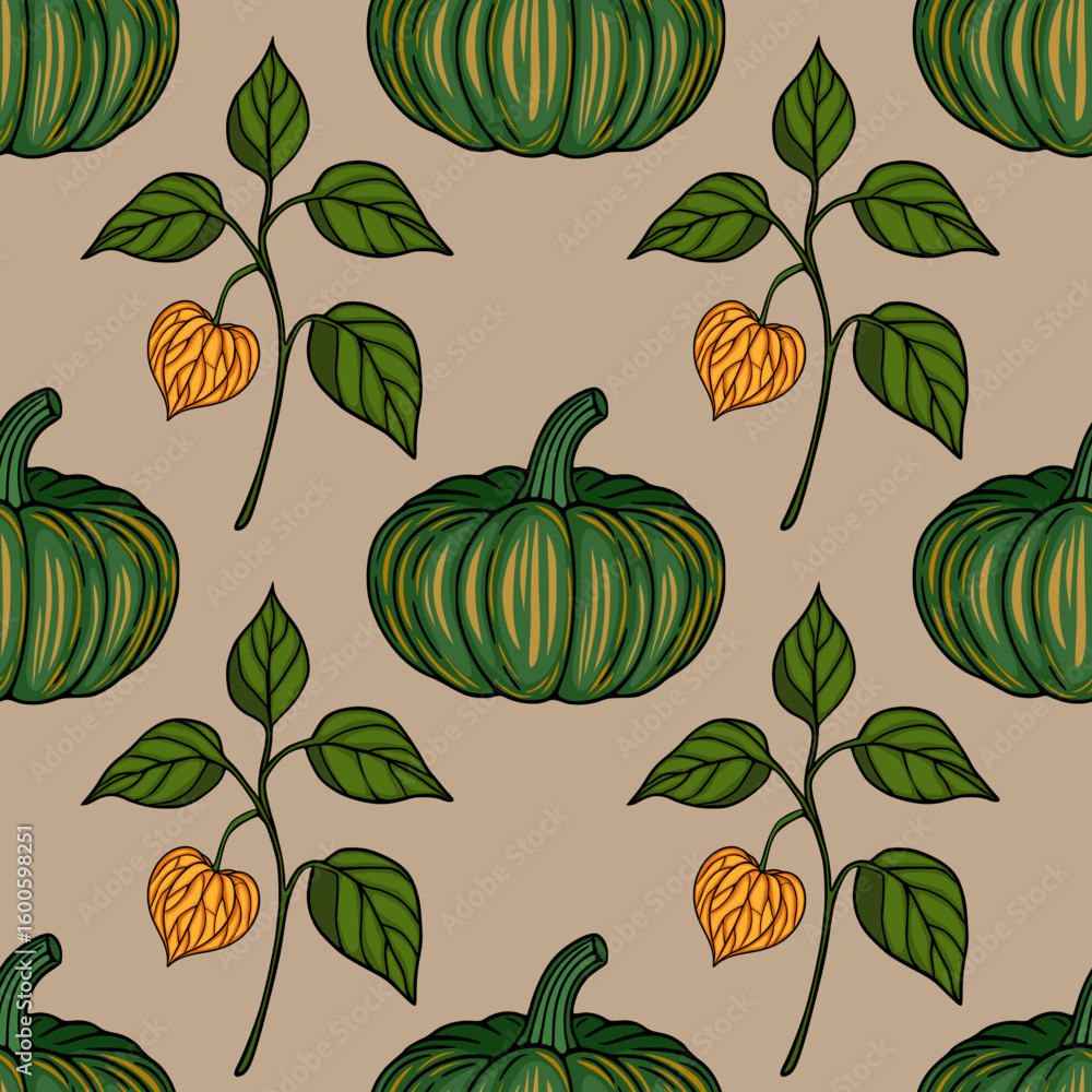 Poster seamless vector pattern featuring stylized green pumpkins and orange physalis, creating a unique aut