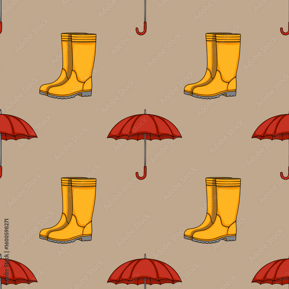 Poster seamless vector pattern featuring bright yellow rubber boots and red umbrellas on a muted beige back