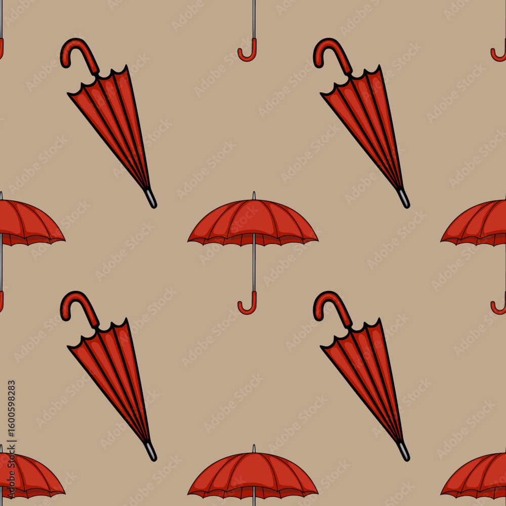 Poster seamless vector pattern of red umbrellas on a beige background: a stylish autumnal design with diago