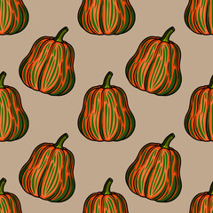 Seamless vector pattern with hand-drawn striped pumpkins in orange and green, arranged on a muted beige background, creating a charming autumnal design.