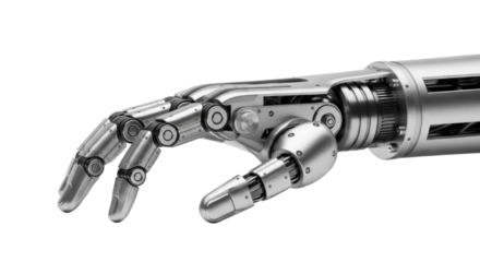 Robotic hand with intricate joints and mechanisms cutout isolated on transparent bg, png
