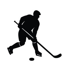 Ice hockey player silhouette with stick and puck