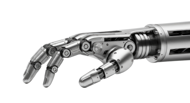 Robotic hand with intricate joints and mechanisms cutout isolated on transparent bg, png