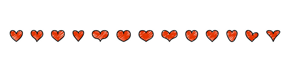 Heart doodle icon. Love cartoon sign. Hand-drawn heart icon set. Isolated love vector set. Red heart shape icon set.