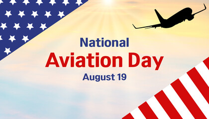 An elegant design for National Aviation Day, August 19th, featuring an airplane flying with the American flag in the background, celebrating the spirit of flight, freedom, and innovation.