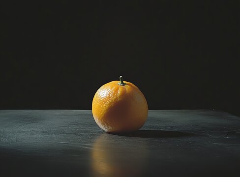 A tangerine on a table, black background, high-resolution photography, stock photo, professional color grading, in the style of a professional photographer. 