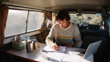 Person working on documents inside a camper van.