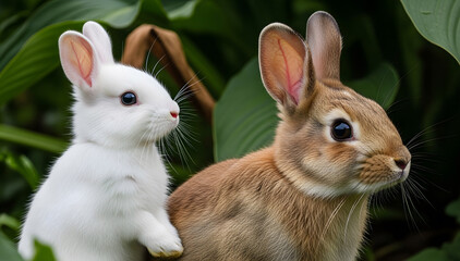 White and brown rabbits standing side by side in nature