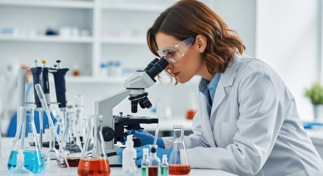A woman in a lab coat using a microscope in a laboratory.
