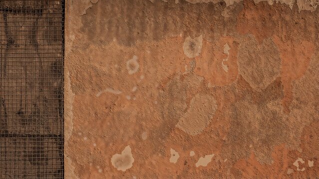 Niche embedded in an orange stone surface accompanied by mesh and ornamental railing