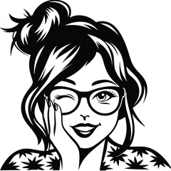 Winking young woman with glasses and messy bun strikes playful pose in vector